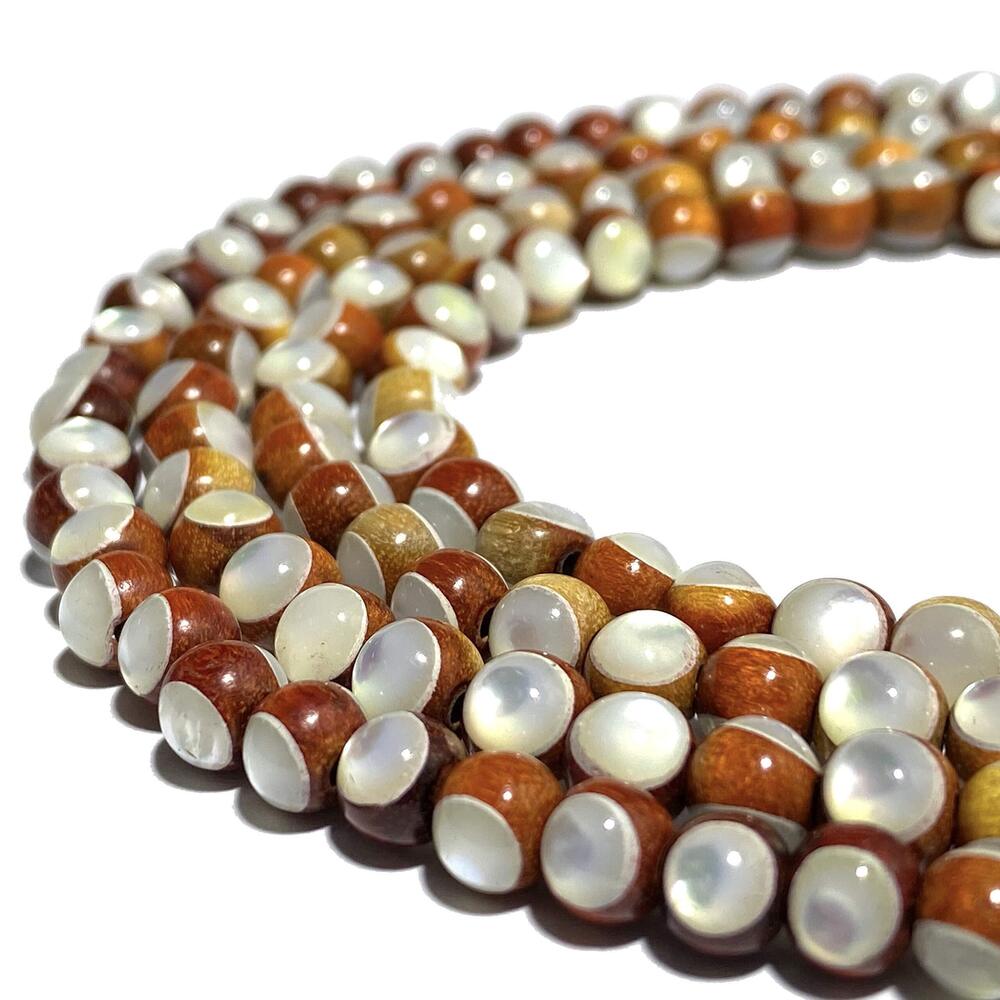 3734 ABCGEMS Flashy Pacific-Ocean Troca Shell Inlaid Sibucao Redwood Beads